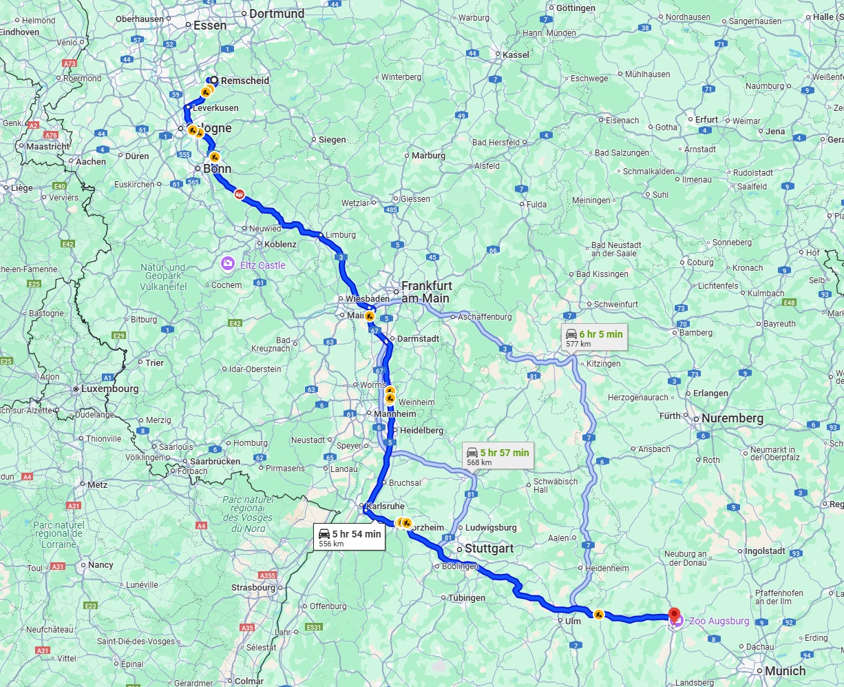 Anreise von Remscheid Zu Augsburg Über via A3 and A8
