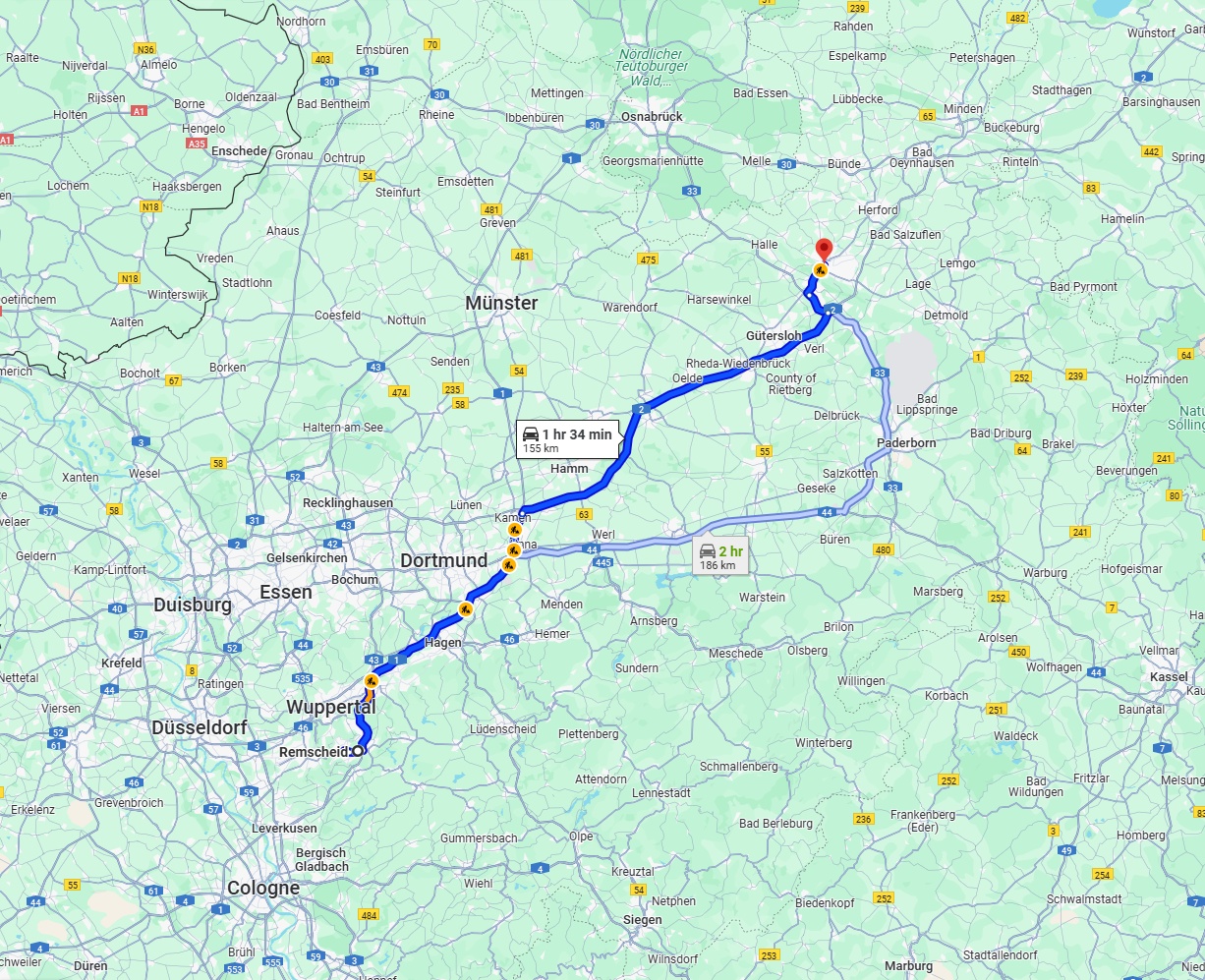 Anreise von Remscheid Zu Bielefeld Über via A1 and A2