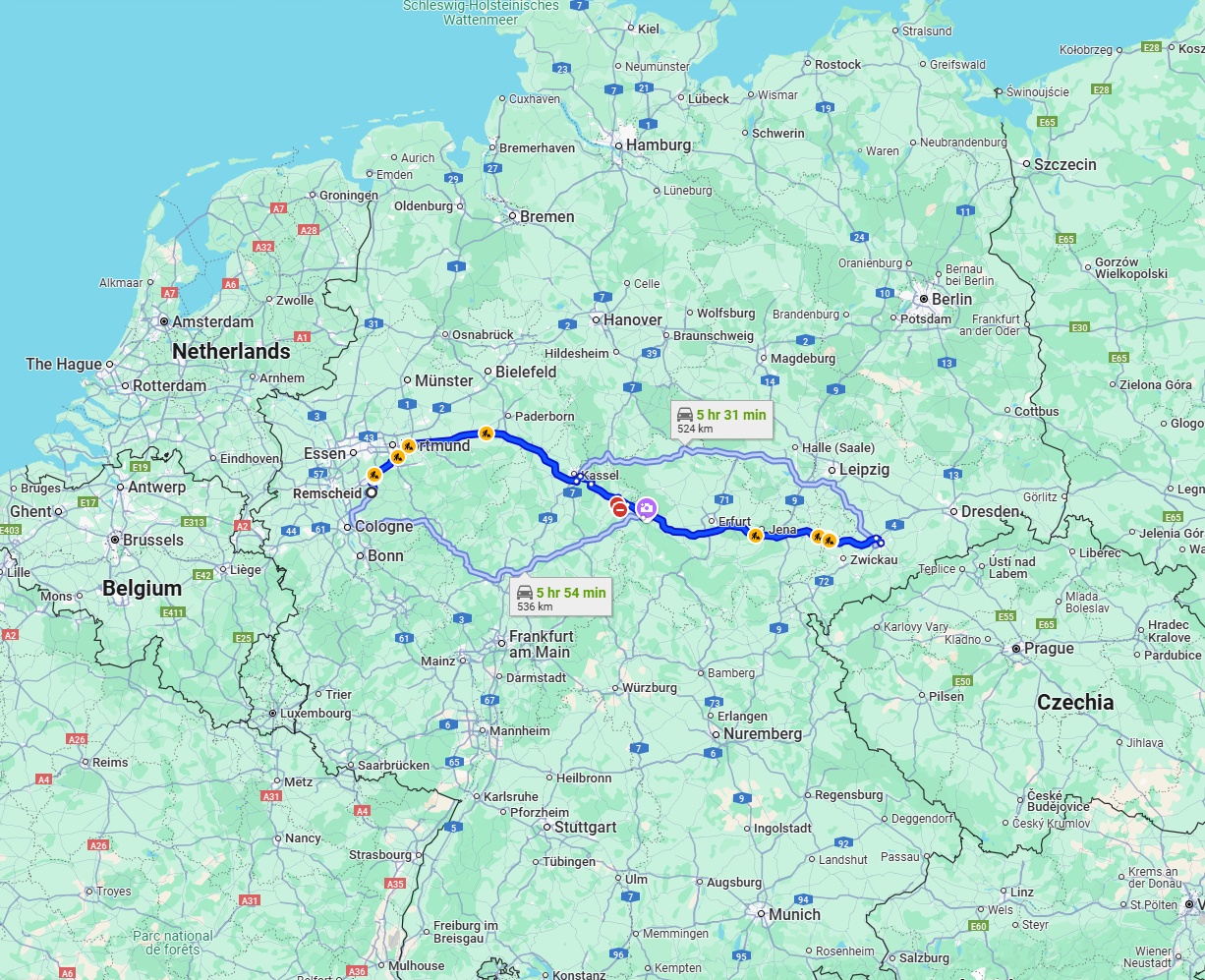 Anreise von Remscheid Zu Chemnitz Über via A44 and A4