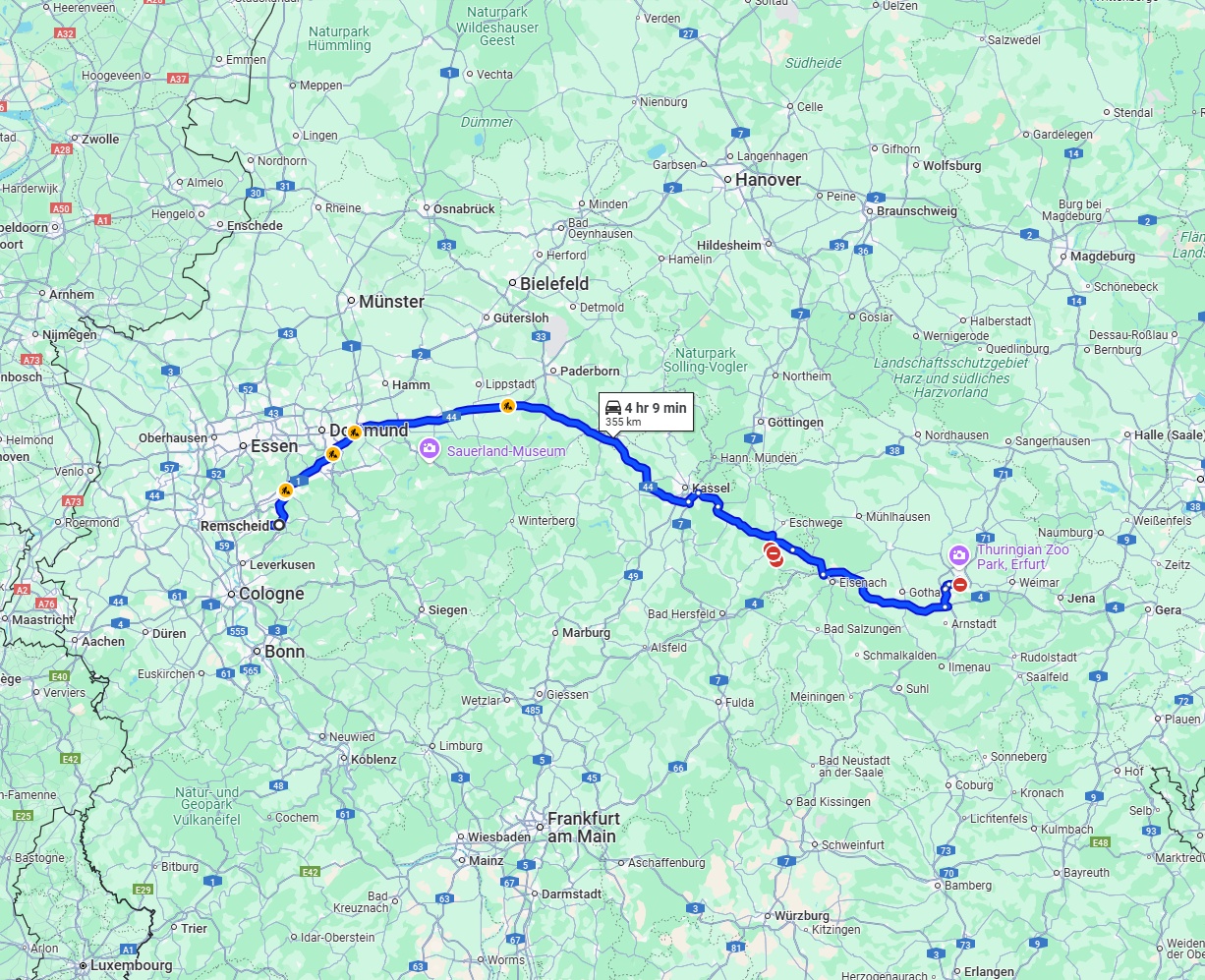 Anreise von Remscheid Zu Erfurt Über via A44