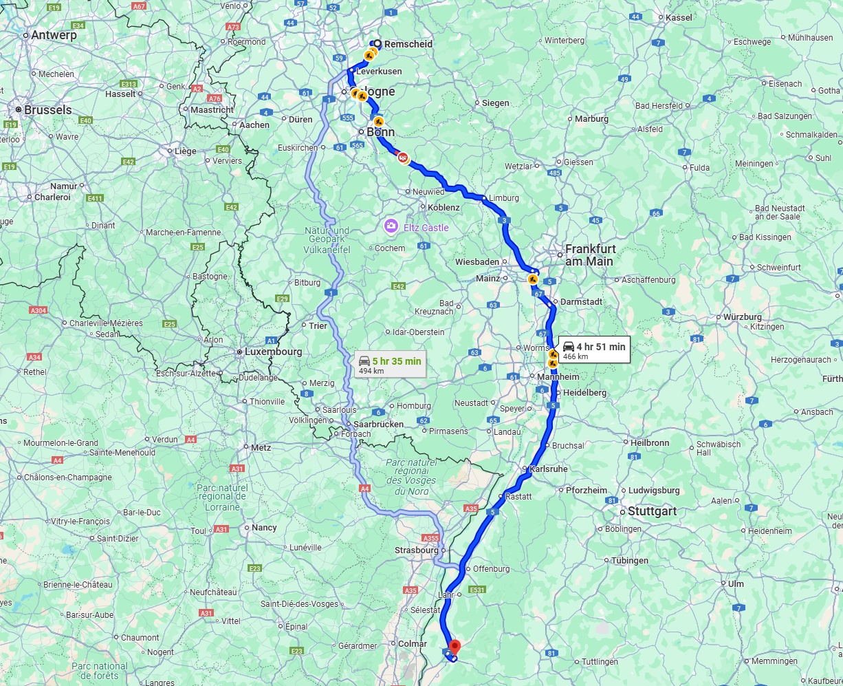 Anreise von Remscheid Zu Freiburg im Breisgau Über via A3 and A5