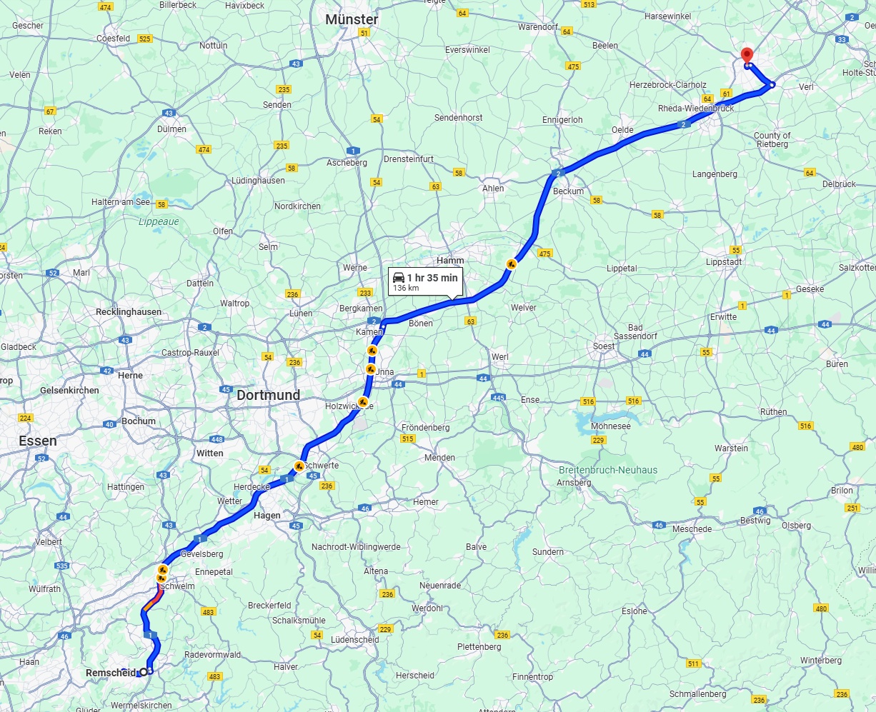 Anreise von Remscheid Zu Gütersloh Über via A1 and A2