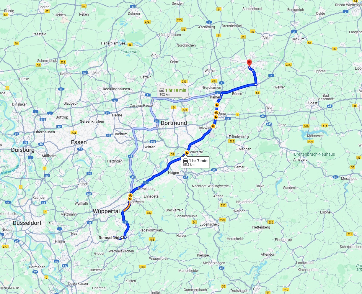 Anreise von Remscheid Zu Hamm Über via A1