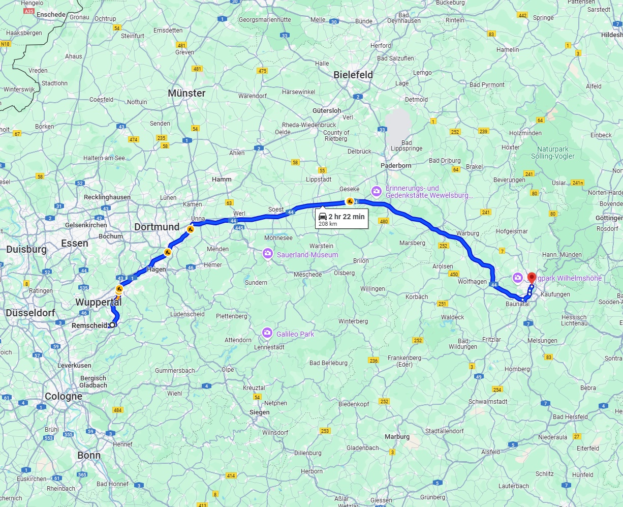 Anreise von Remscheid Zu Kassel Über via A1 and A44