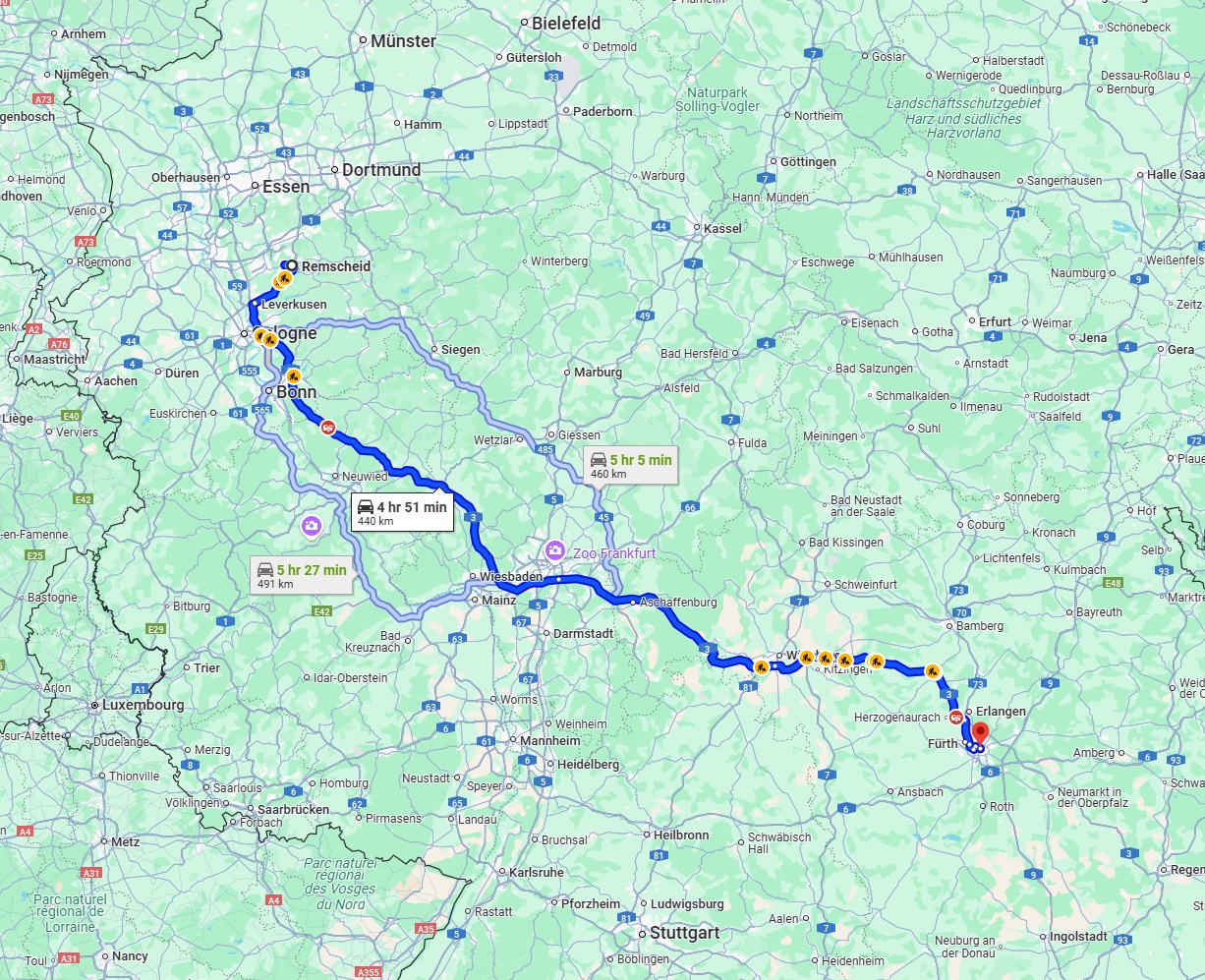 Anreise von Remscheid Zu Nürnberg Über via A3