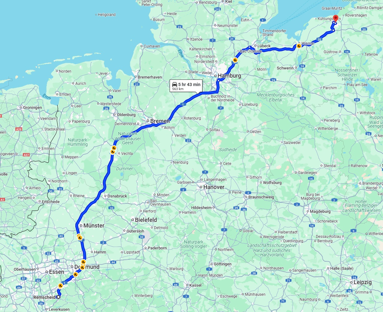 Anreise von Remscheid Zu Rostock Über via A1