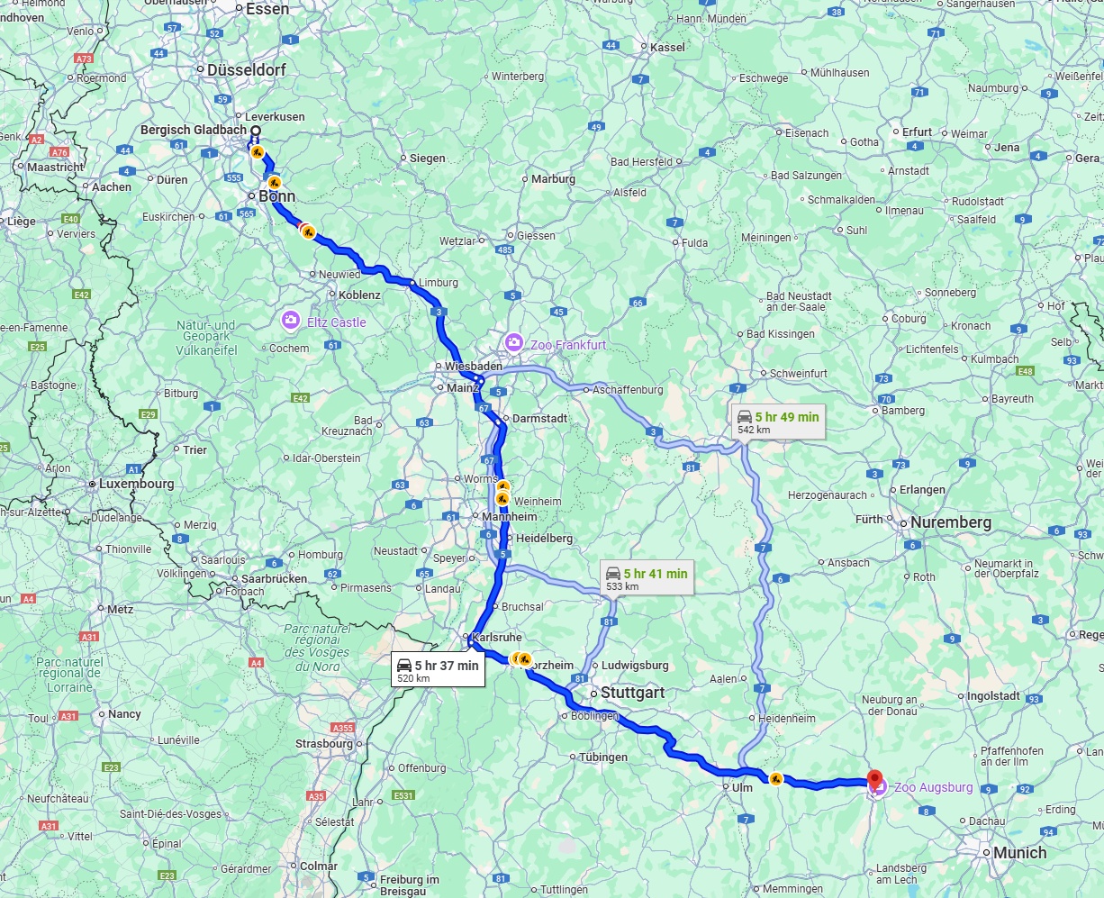 Anreise von Bergisch Gladbach Zu Augsburg Über via A3 and A8