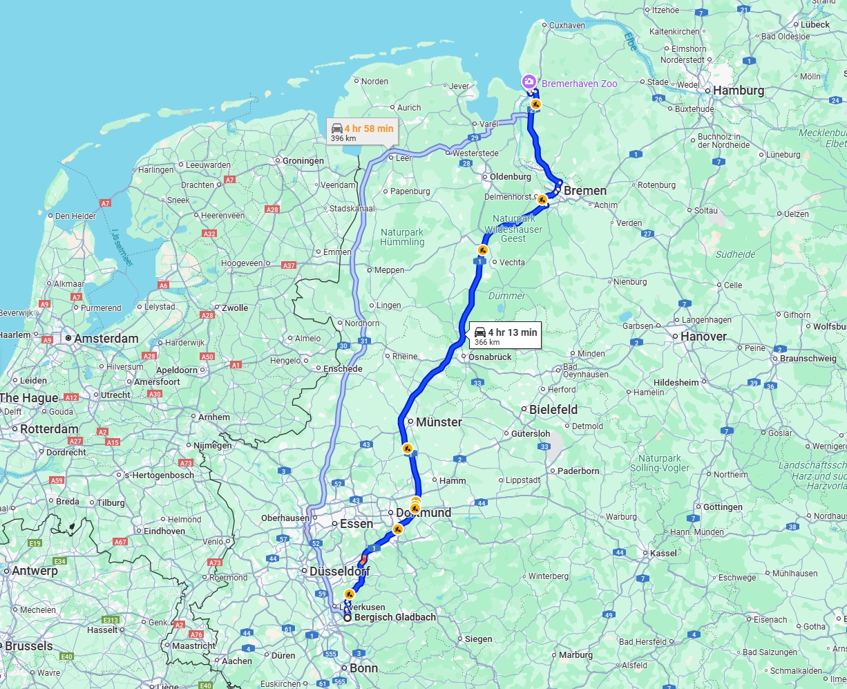 Anreise von Bergisch Gladbach Zu Bremerhaven Über via A1