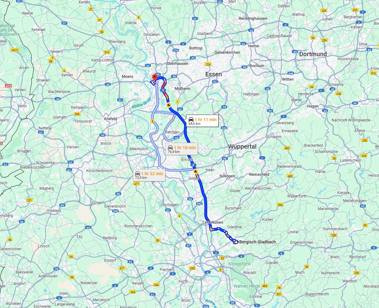 Anreise von Bergisch Gladbach Zu Duisburg Über via A3