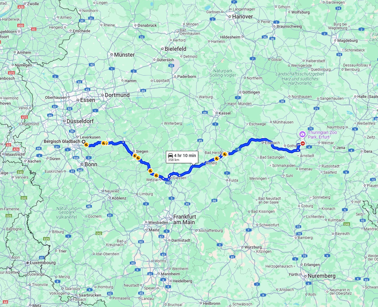 Anreise von Bergisch Gladbach Zu Erfurt Über via A4