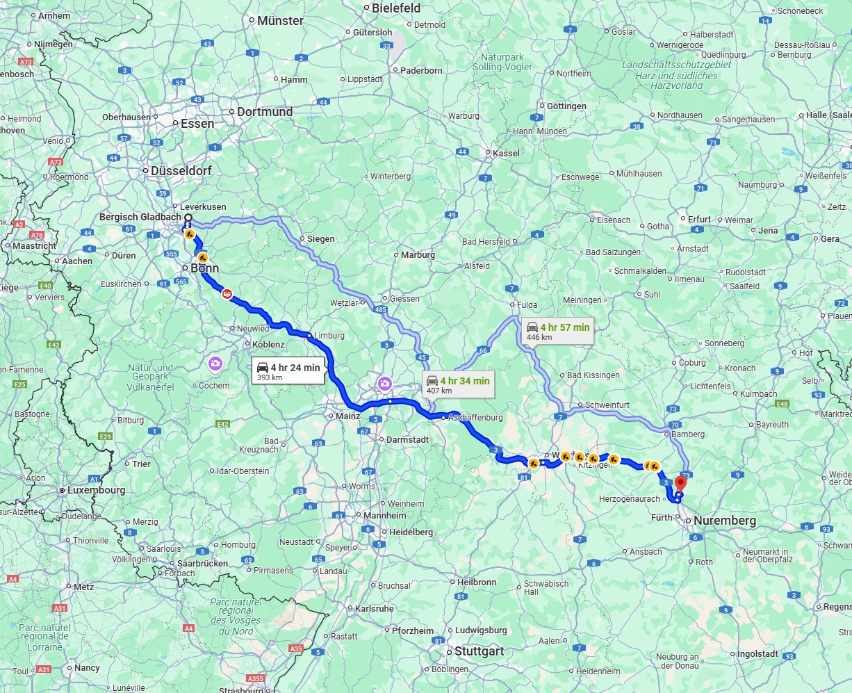 Anreise von Bergisch Gladbach Zu Erlangen Über via A3