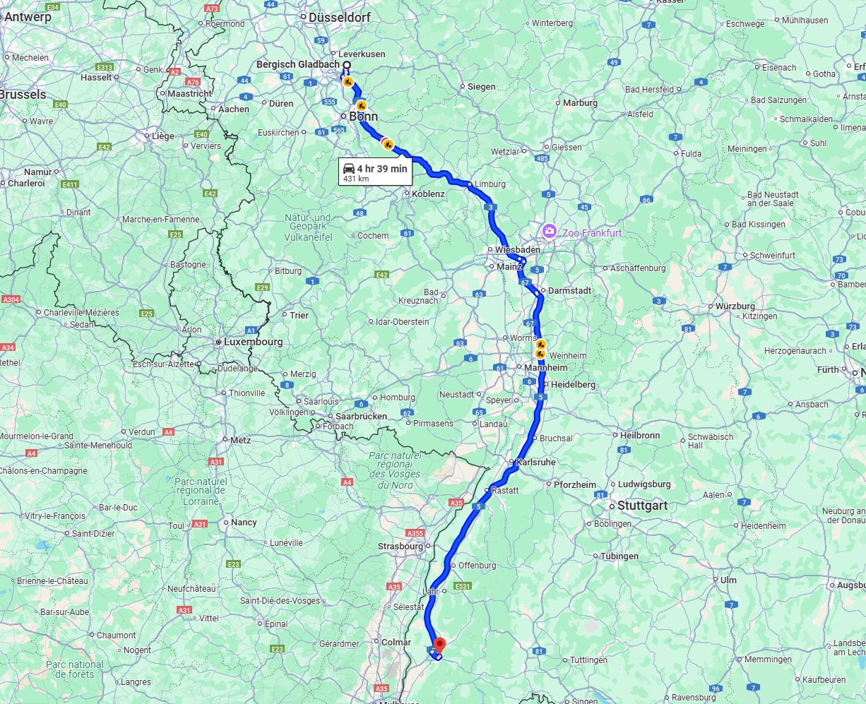 Anreise von Bergisch Gladbach Zu Freiburg im Breisgau Über via A3 and A5