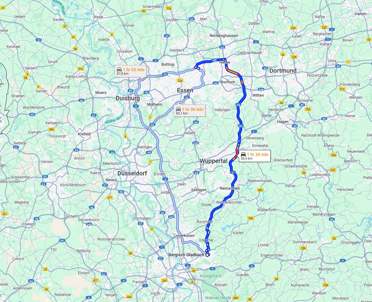 Anreise von Bergisch Gladbach Zu Gelsenkirchen Über via A1 and A43