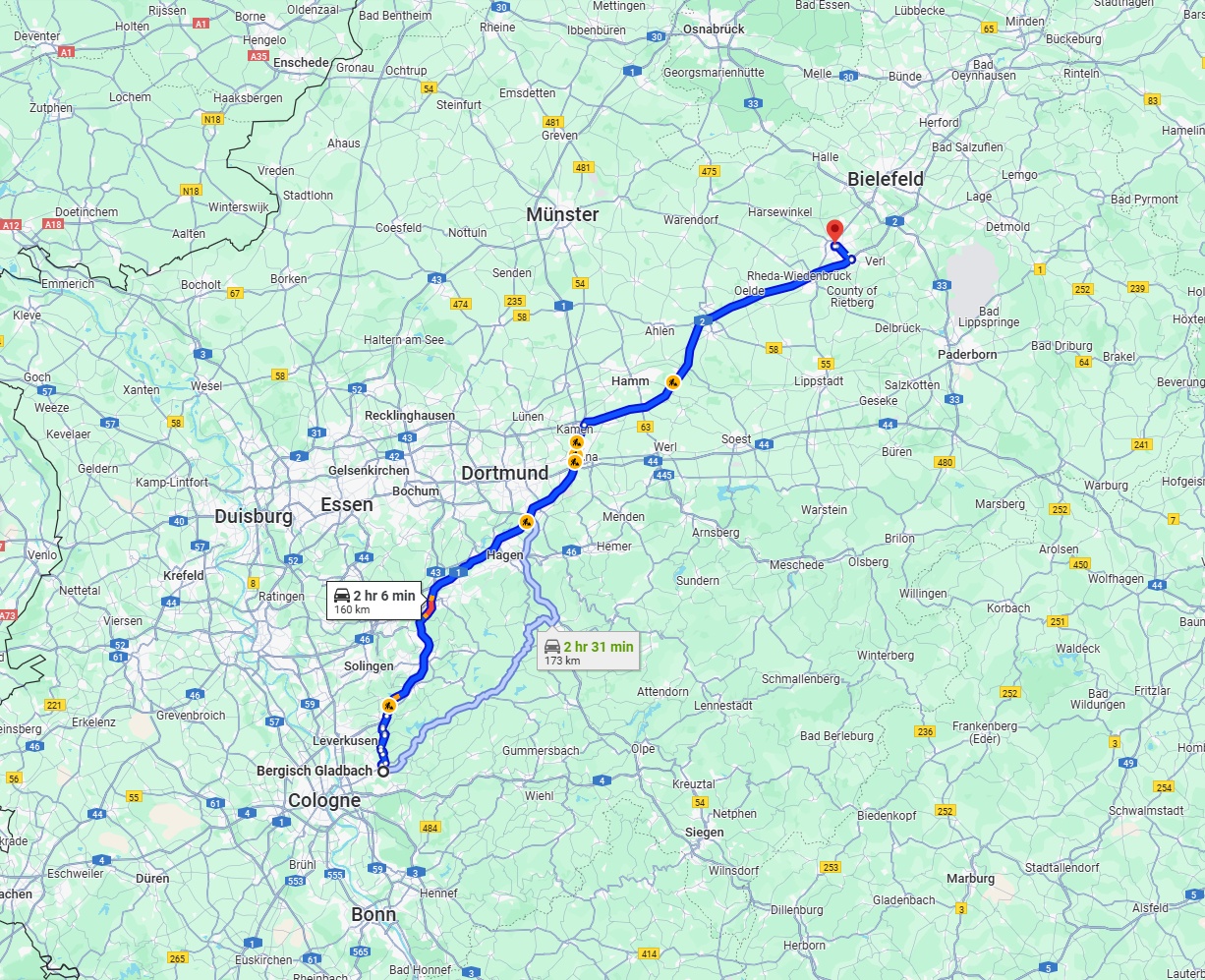 Anreise von Bergisch Gladbach Zu Gütersloh Über via A1 and A2
