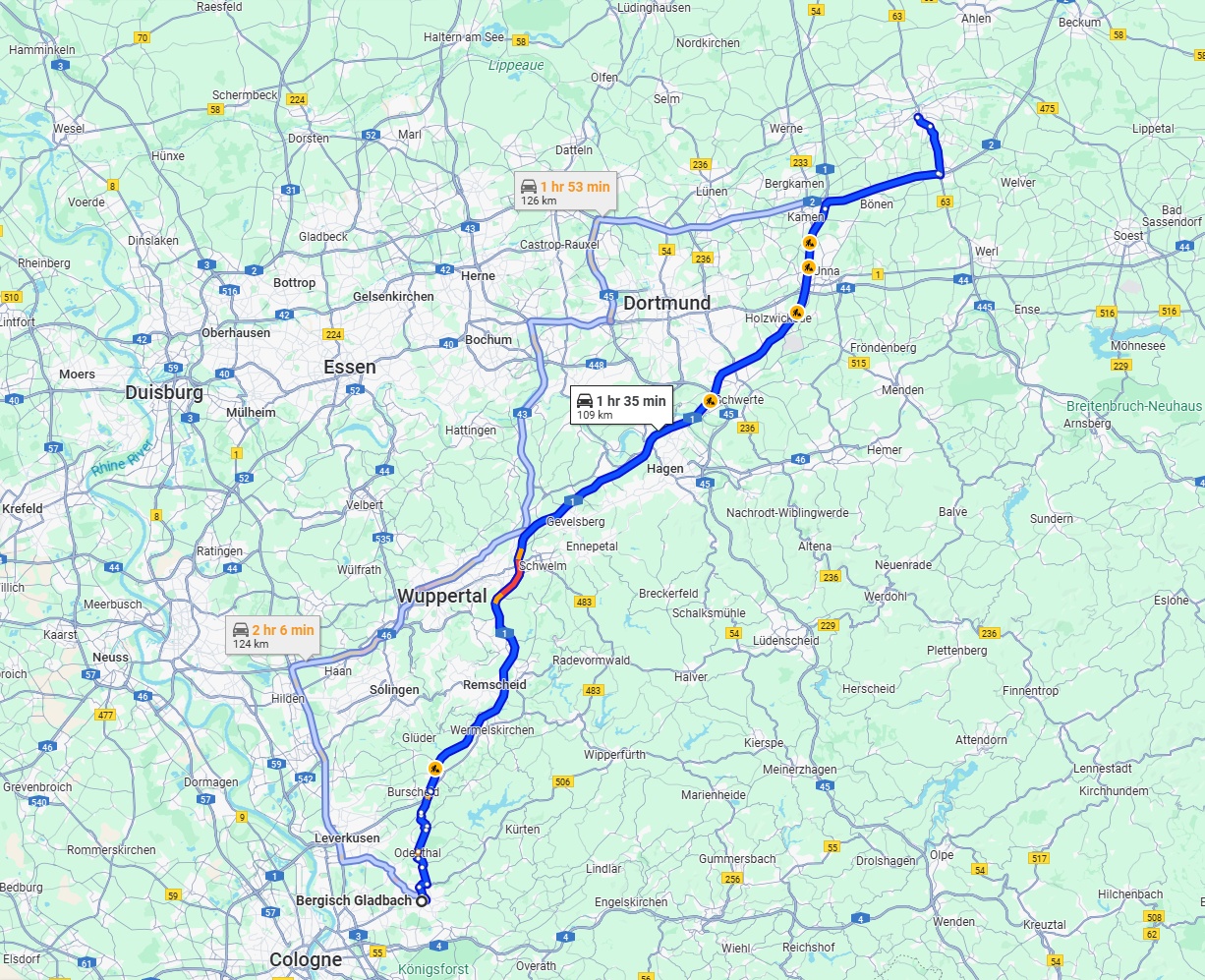 Anreise von Bergisch Gladbach Zu Hamm Über via A1