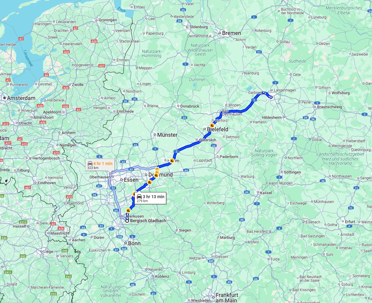 Anreise von Bergisch Gladbach Zu Hannover Über via A1 and A2