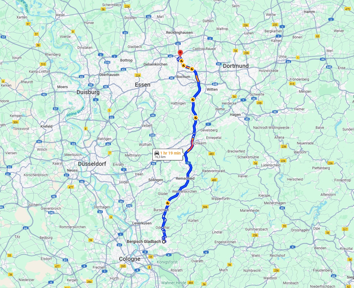 Anreise von Bergisch Gladbach Zu Herne Über via A1 and A43