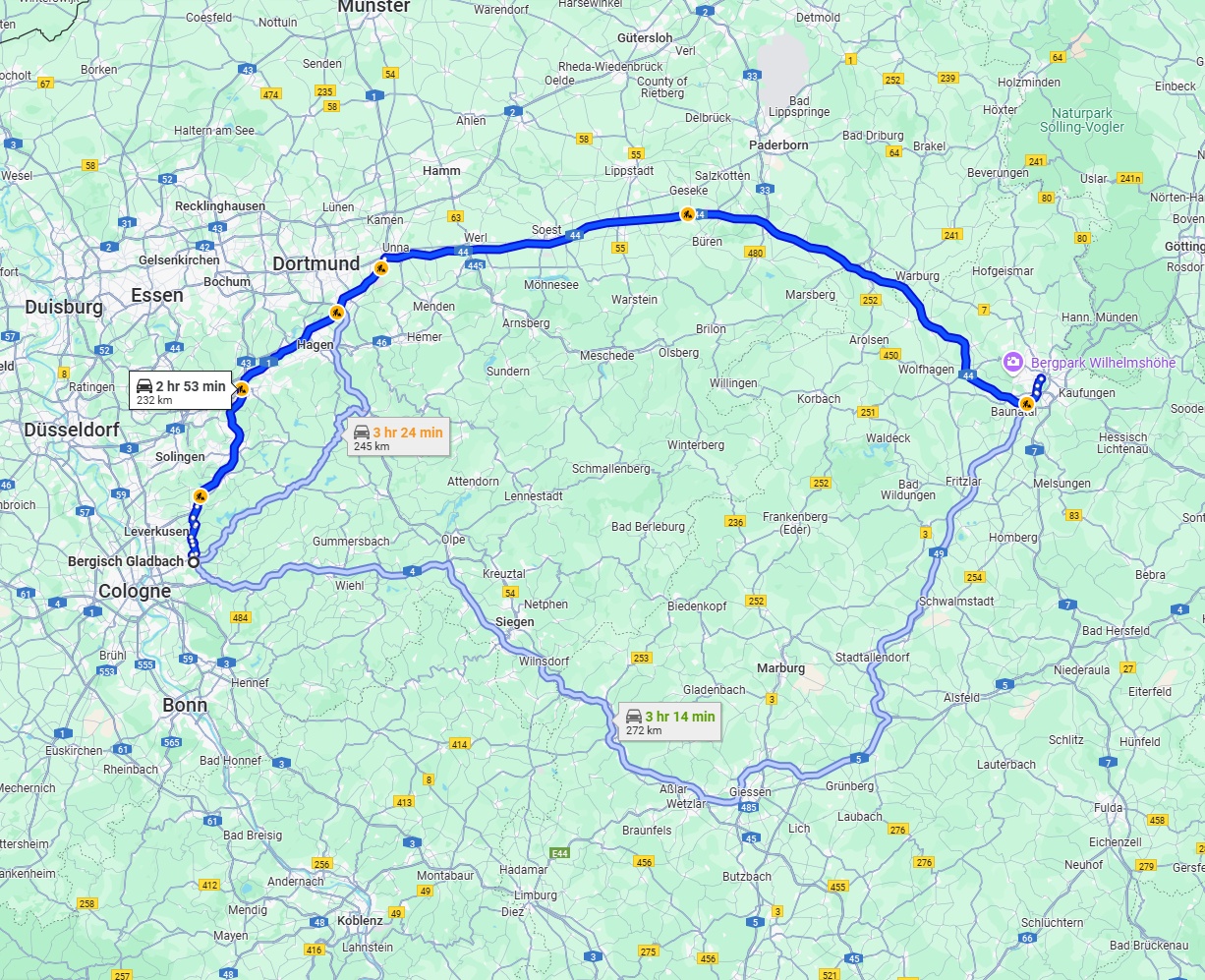 Anreise von Bergisch Gladbach Zu Kassel Über via A1 and A44