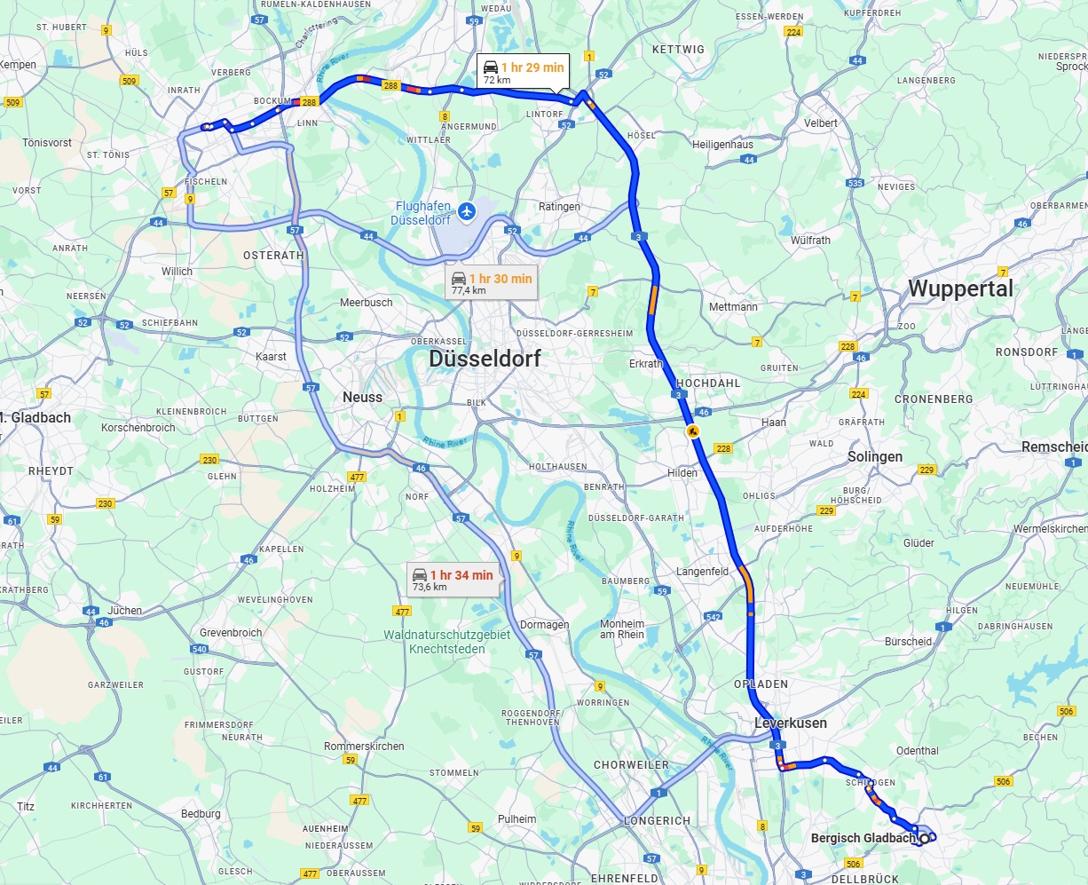 Anreise von Bergisch Gladbach Zu Krefeld Über via A3