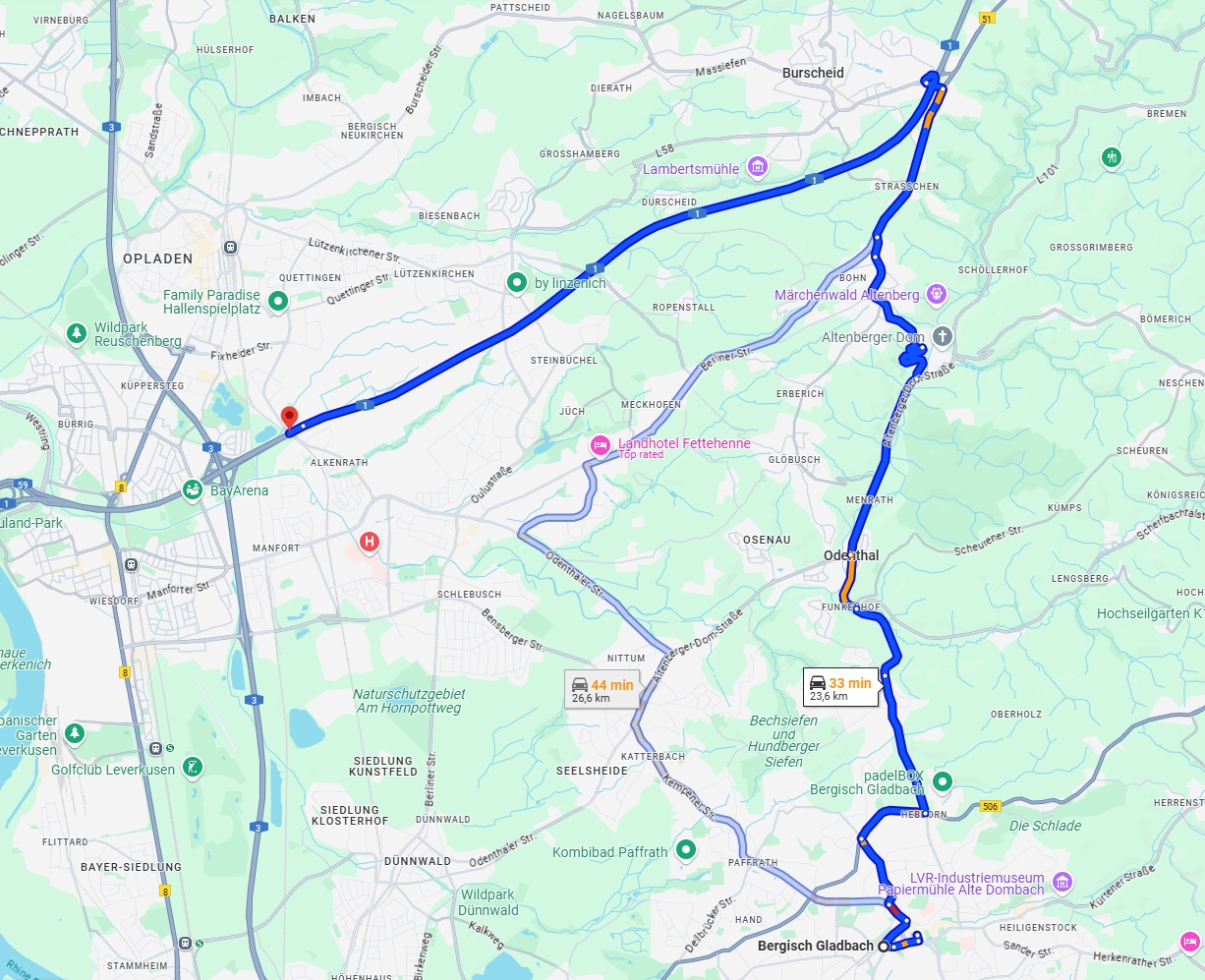 Anreise von Bergisch Gladbach Zu Leverkusen Über via A1
