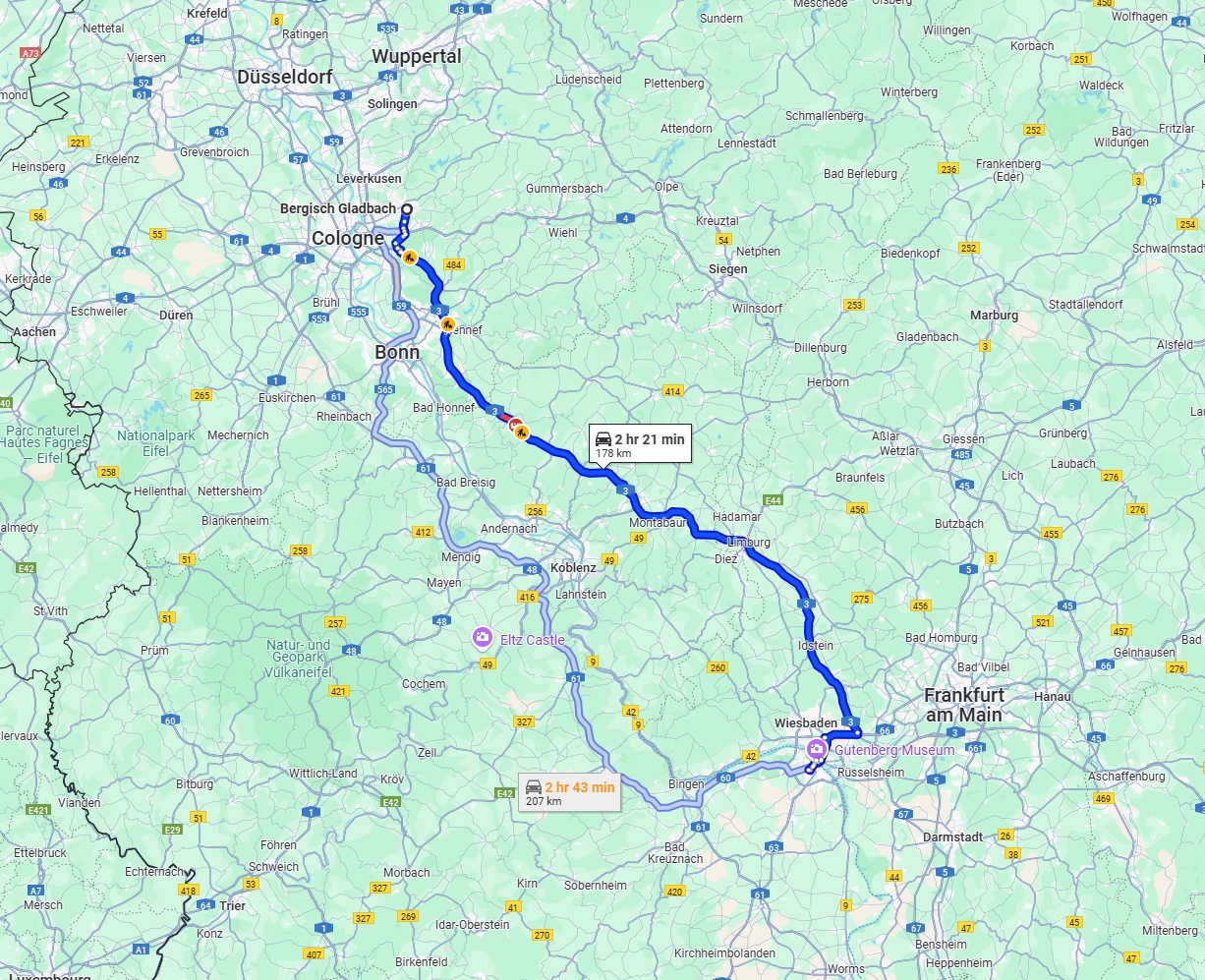 Anreise von Bergisch Gladbach Zu Mainz Über via A3