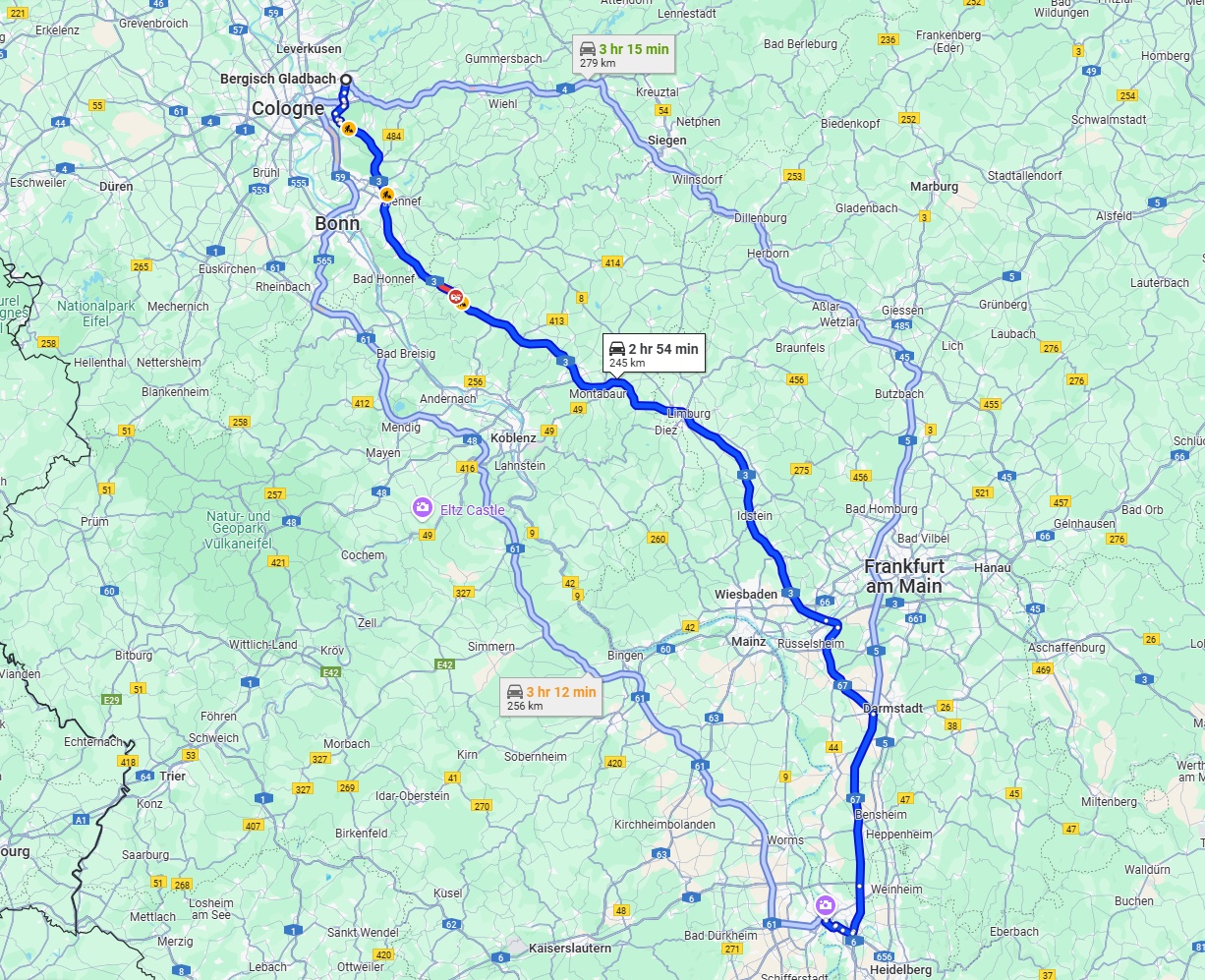 Anreise von Bergisch Gladbach Zu Mannheim Über via A3