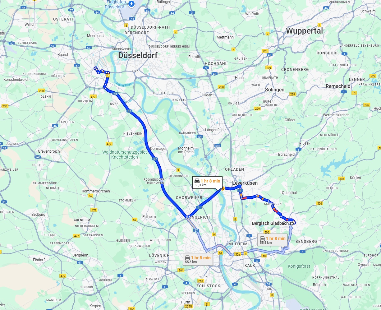 Anreise von Bergisch Gladbach Zu Neuss Über via A57