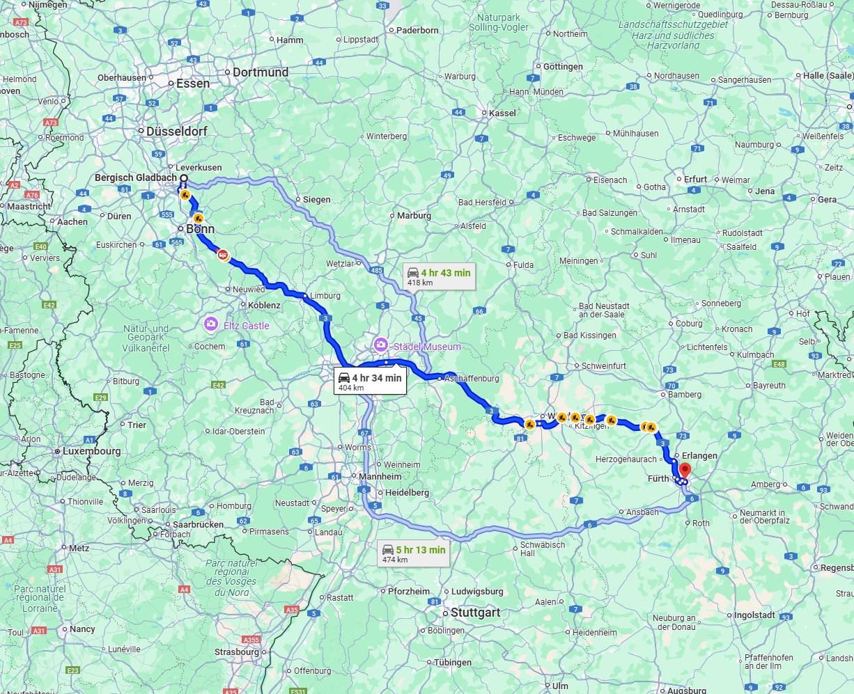 Anreise von Bergisch Gladbach Zu Nürnberg Über via A3
