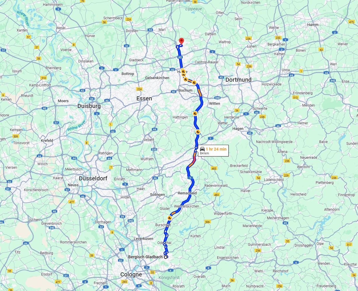 Anreise von Bergisch Gladbach Zu Recklinghausen Über via A1 and A43