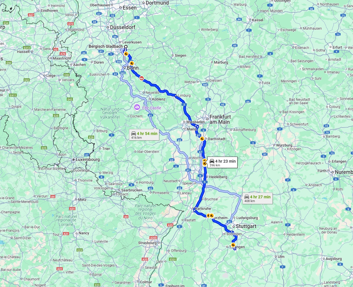 Anreise von Bergisch Gladbach Zu Reutlingen Über via A3 and A5