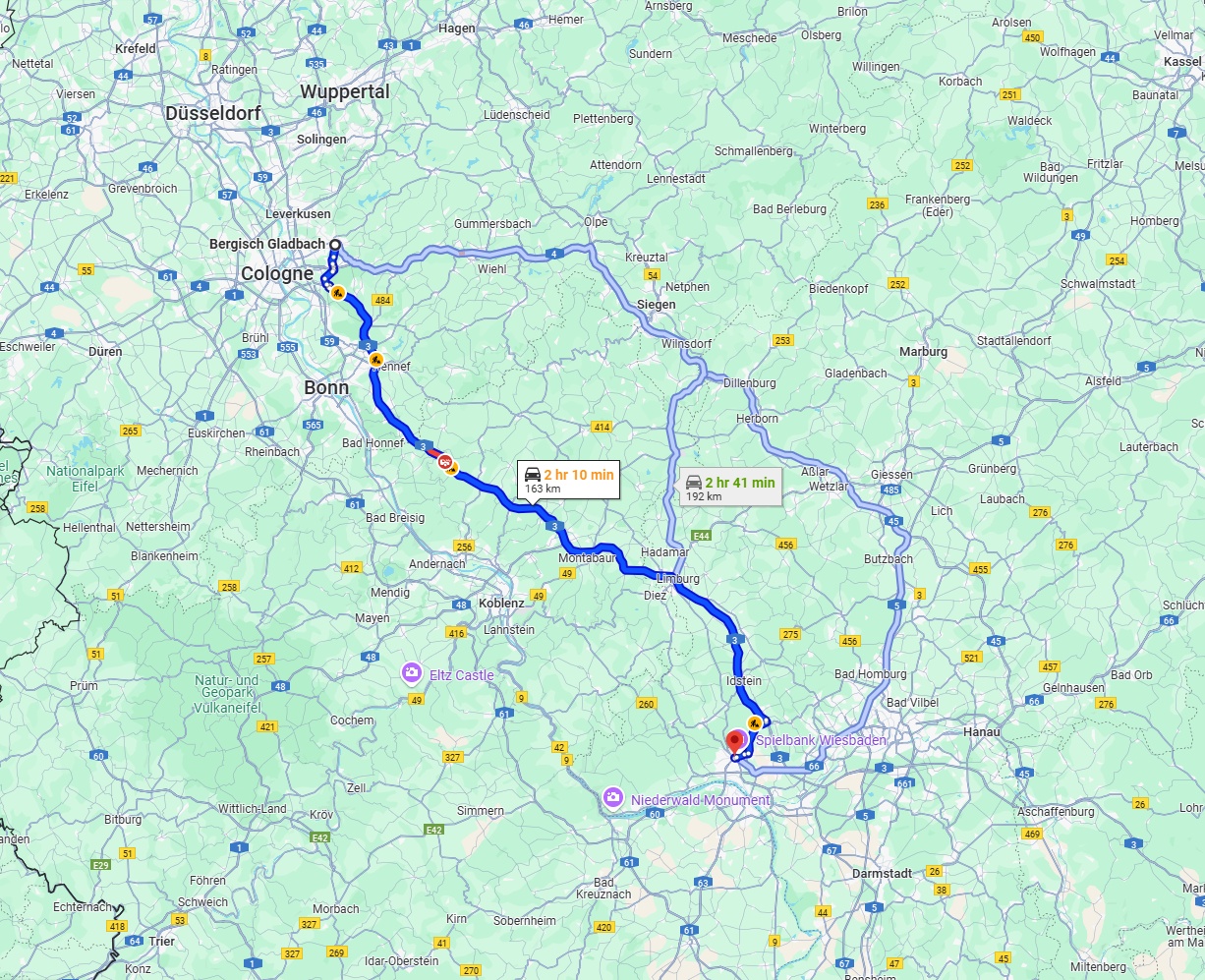 Anreise von Bergisch Gladbach Zu Wiesbaden Über via A3