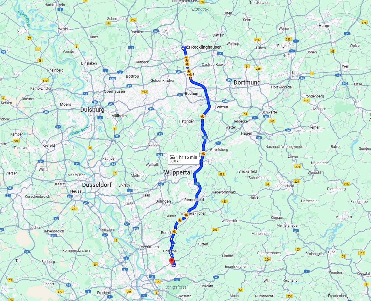 Anreise von Recklinghausen Zu Bergisch Gladbach Über via A43 and A1
