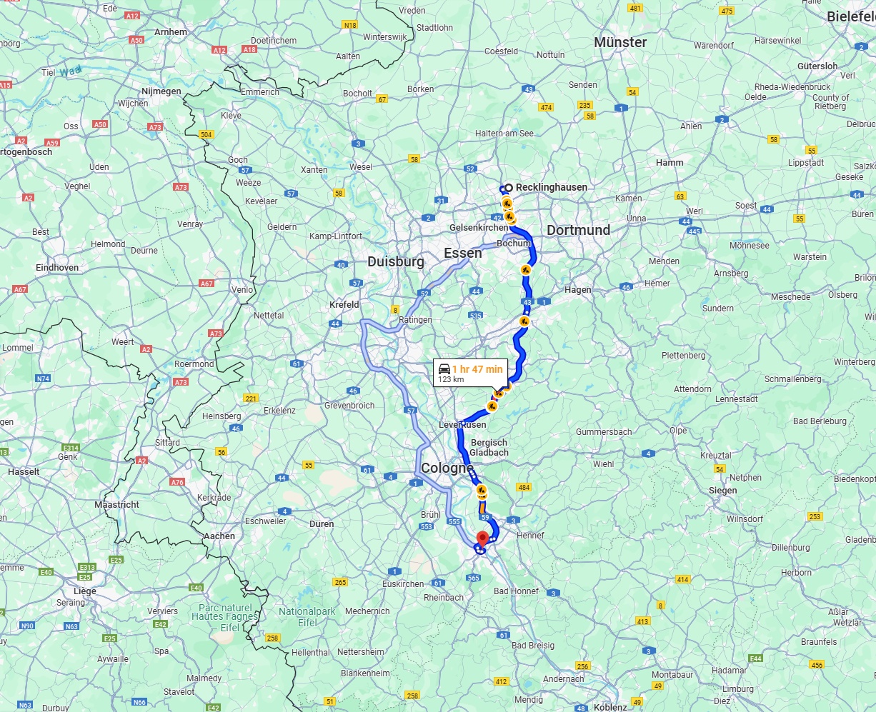 Anreise von Recklinghausen Zu Bonn Über via A43 and A1