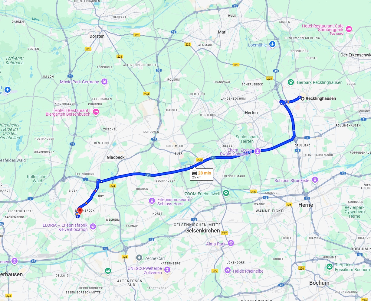 Anreise von Recklinghausen Zu Bottrop Über via A2