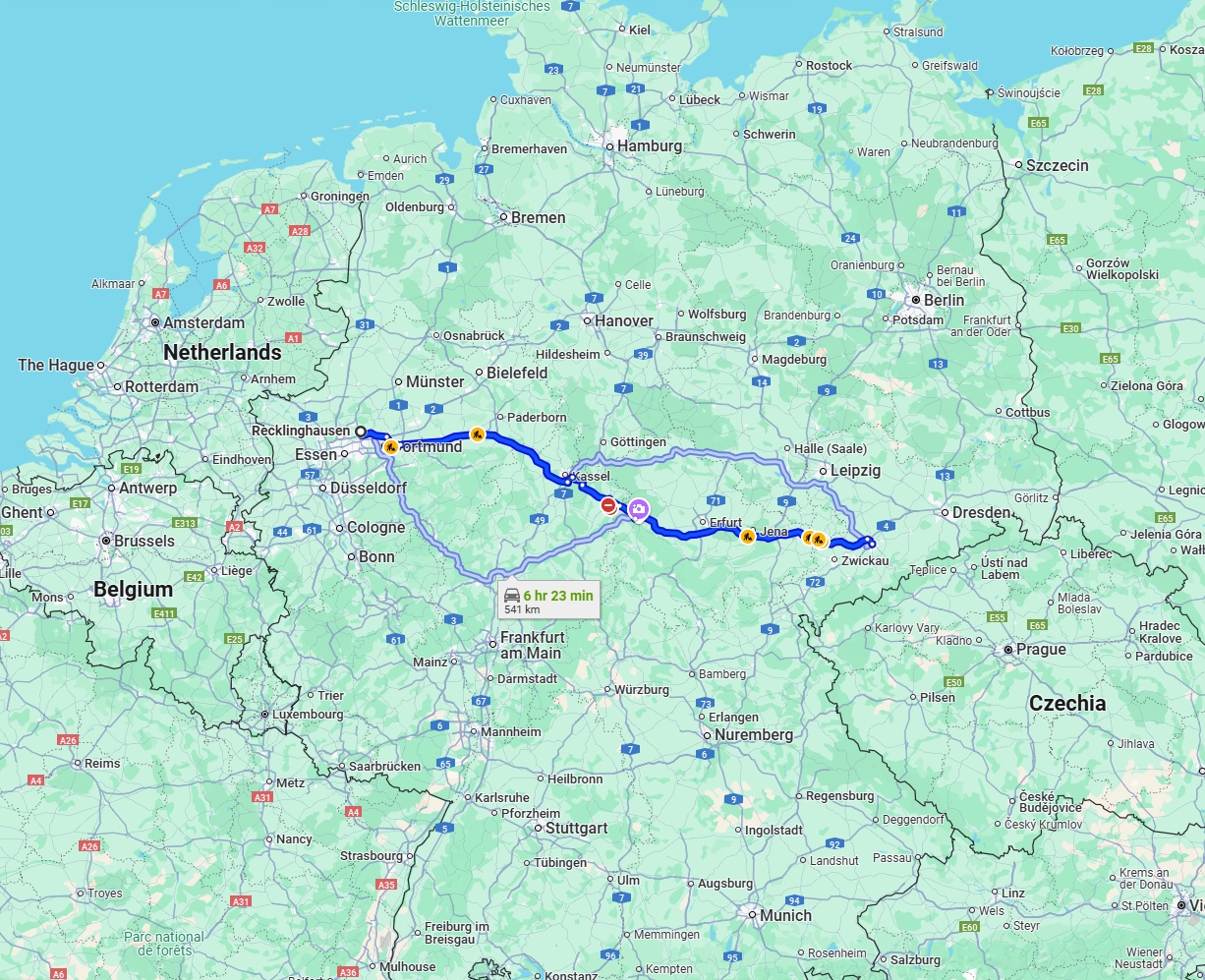 Anreise von Recklinghausen Zu Chemnitz Über via A44 and A4