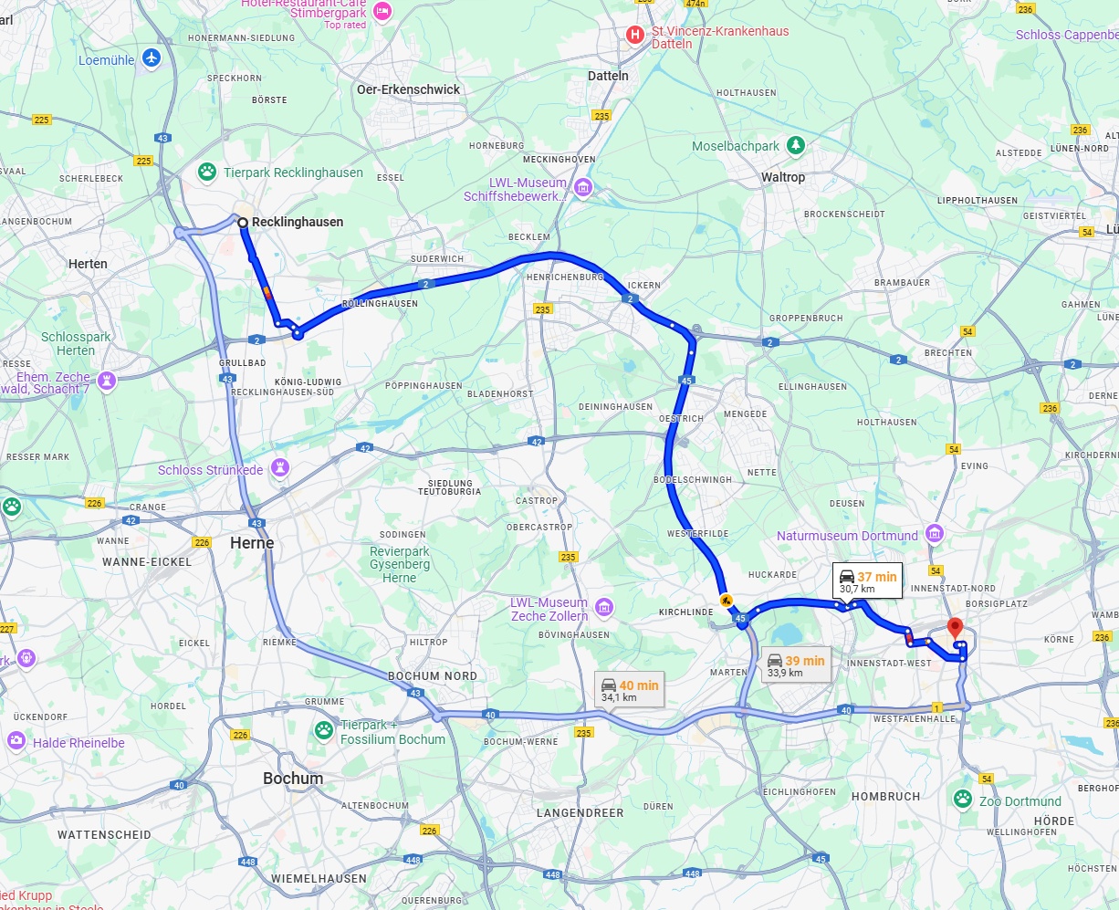 Anreise von Recklinghausen Zu Dortmund Über via A2