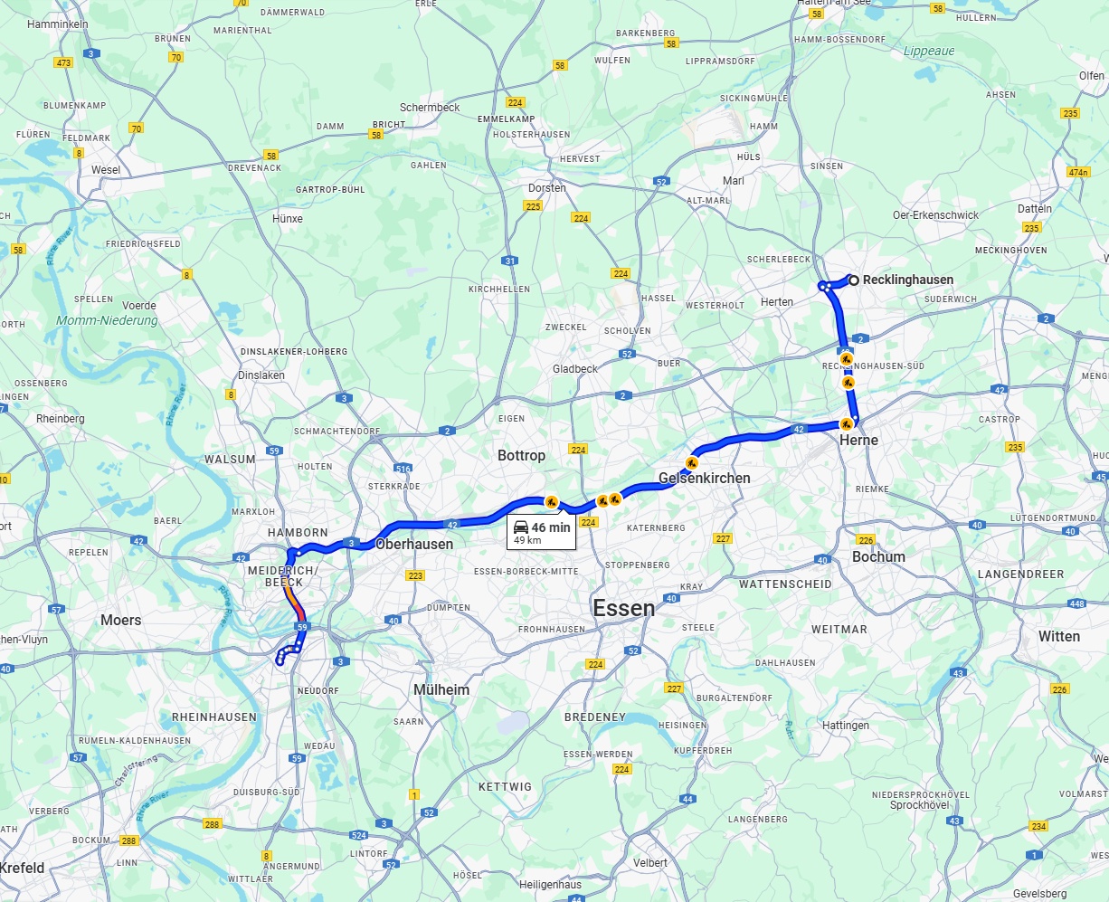 Anreise von Recklinghausen Zu Duisburg Über via A42