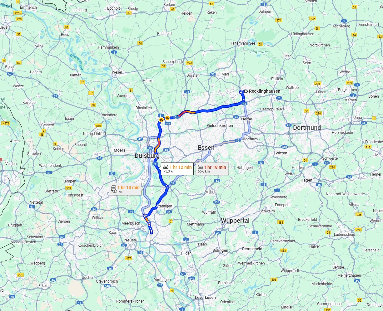 Anreise von Recklinghausen Zu Düsseldorf Über via A2 and A3