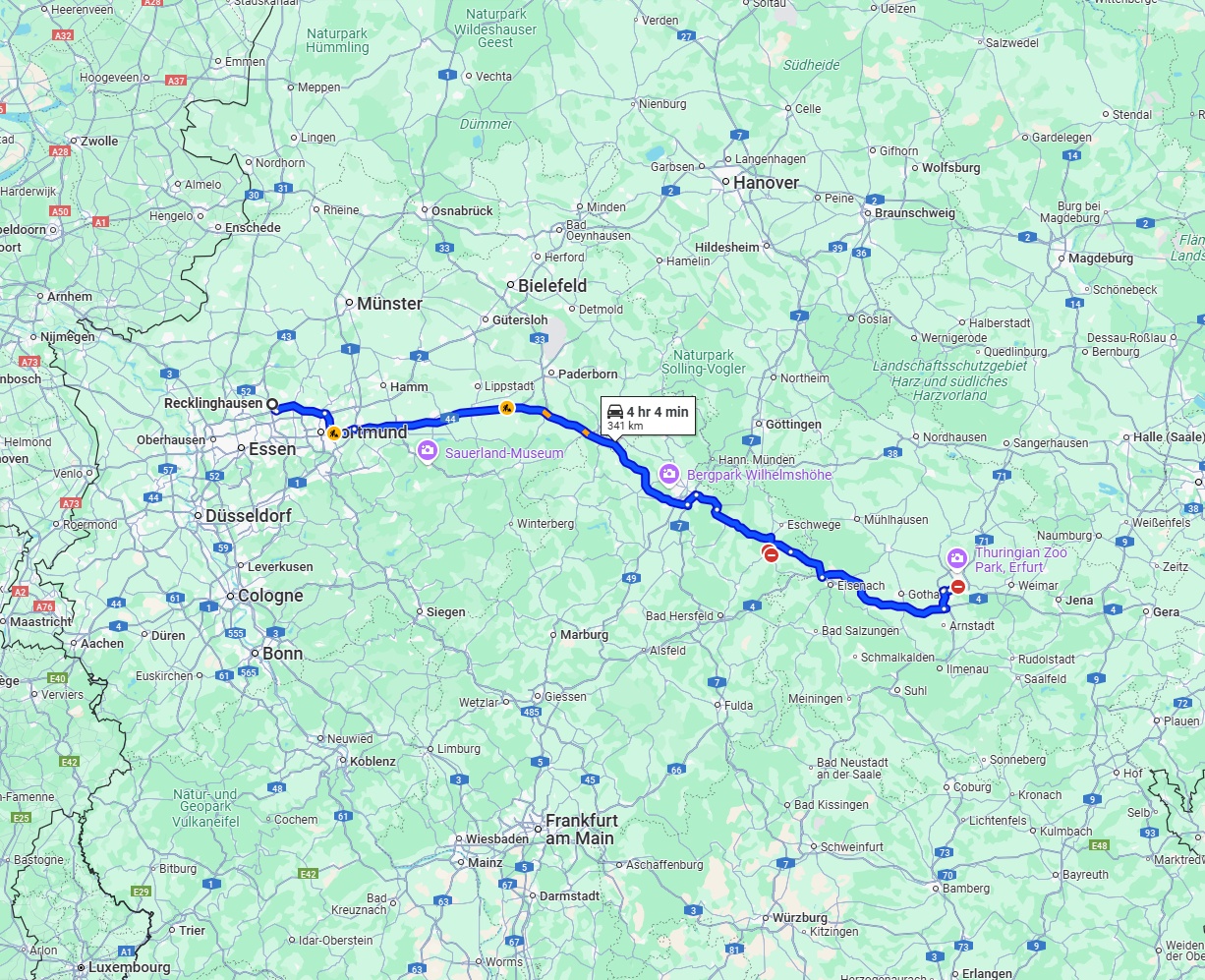 Anreise von Recklinghausen Zu Erfurt Über via A44