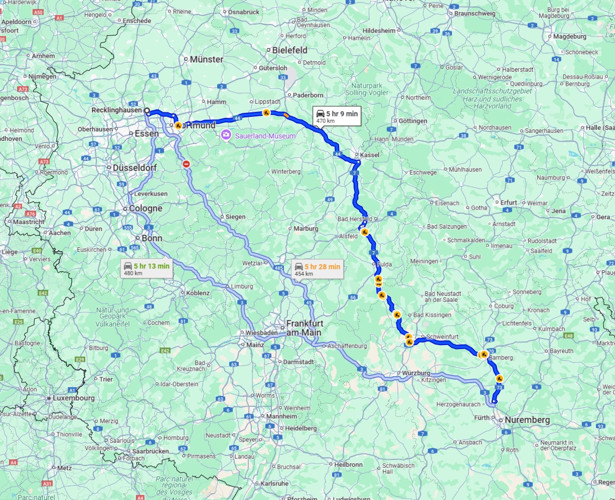Anreise von Recklinghausen Zu Erlangen Über via A44 and A7