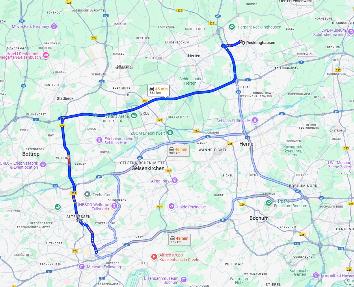 Anreise von Recklinghausen Zu Essen Über via A2 and B224
