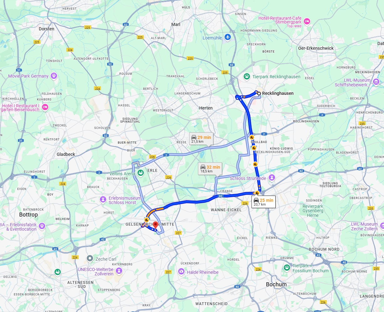 Anreise von Recklinghausen Zu Gelsenkirchen Über via A43 and A42