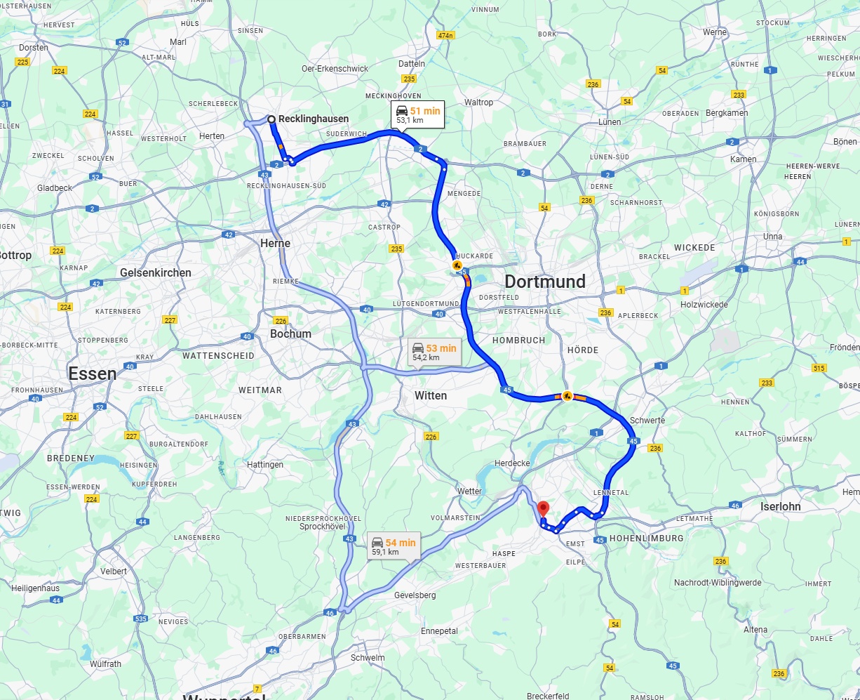 Anreise von Recklinghausen Zu Hagen Über via A45