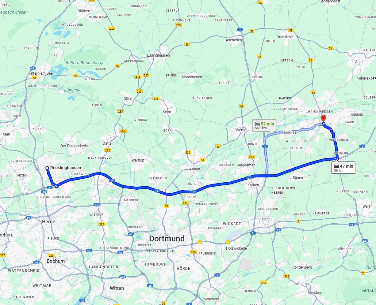 Anreise von Recklinghausen Zu Hamm Über via A2