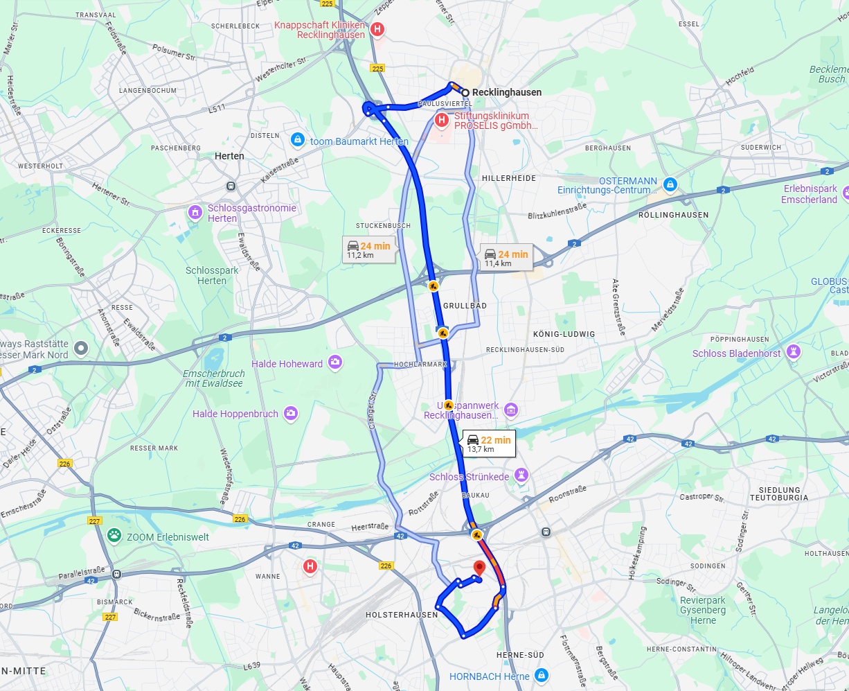 Anreise von Recklinghausen Zu Herne Über via A43