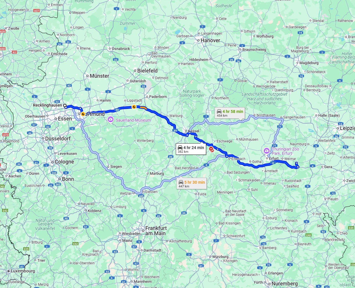 Anreise von Recklinghausen Zu Jena Über via A44 and A4