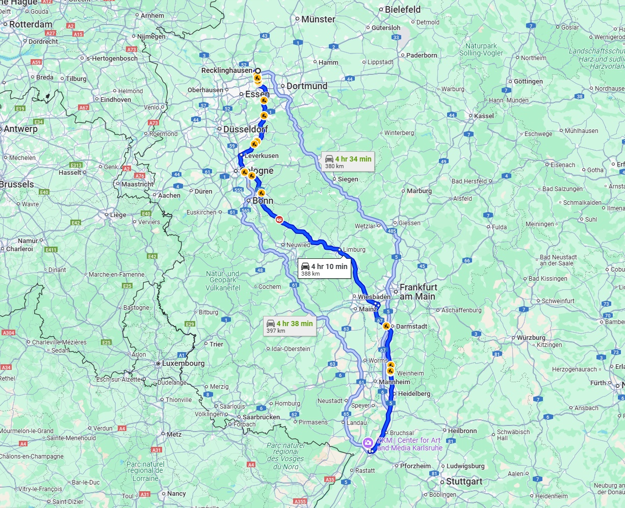 Anreise von Recklinghausen Zu Karlsruhe Über via A3 and A5