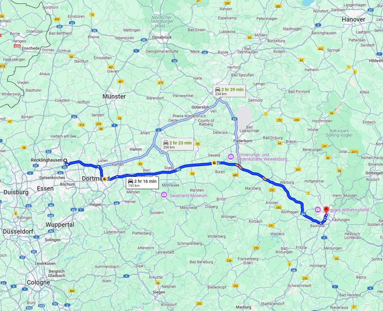 Anreise von Recklinghausen Zu Kassel Über via A44