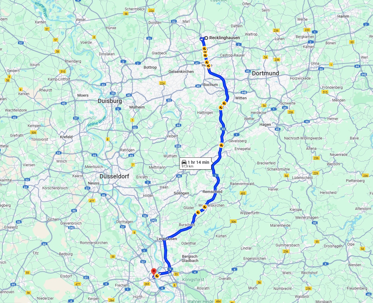 Anreise von Recklinghausen Zu Köln Über via A43 and A1