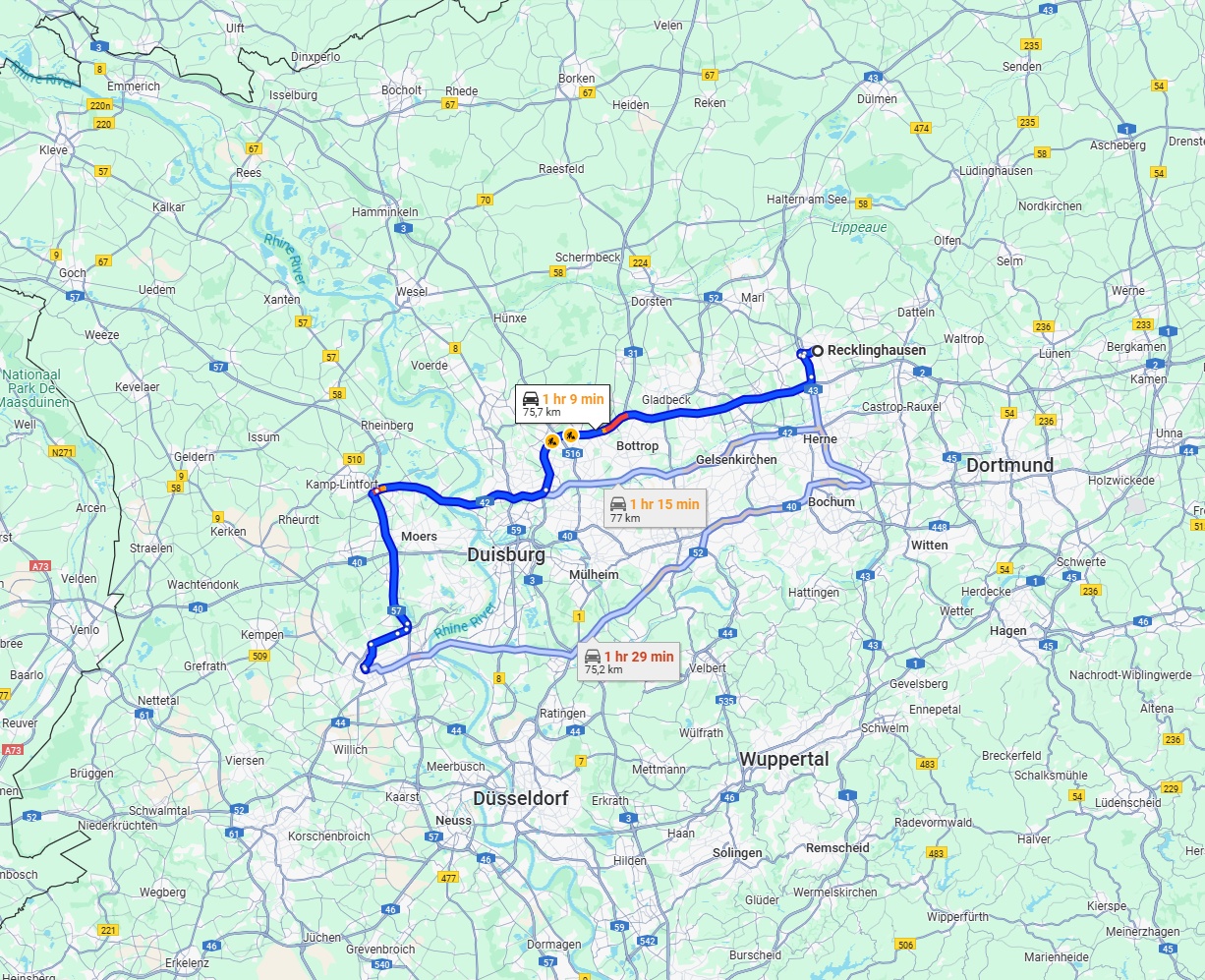 Anreise von Recklinghausen Zu Krefeld Über via A2